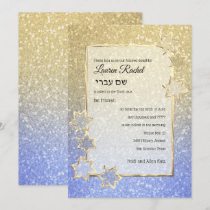 Invitación Bat Mitzvah Estrella Dorada Dorado Azul Ombre Bril
