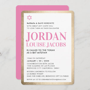 Invitación BAT MITZVAH estrella moderna oro negro rosado simp