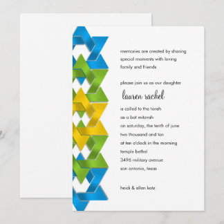 Invitación Bat Mitzvah Estrellas amarillas verdes azules en c