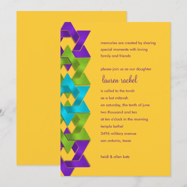 Invitación Bat Mitzvah Estrellas moradas verdes azules en cua (Anverso / Reverso)