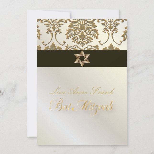 Invitación Bat Mitzvah+Faux Gold Damask/black+perla (Anverso)
