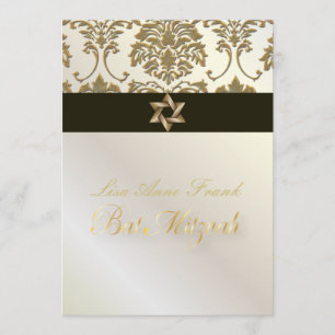 Invitación Bat Mitzvah+Faux Gold Damask/black+perla