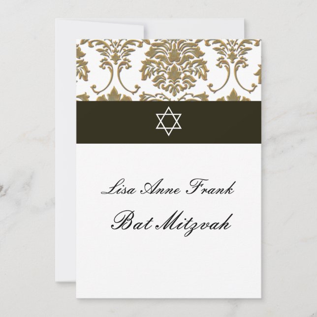 Invitación Bat Mitzvah+Faux Gold Damask/black+white (Anverso)