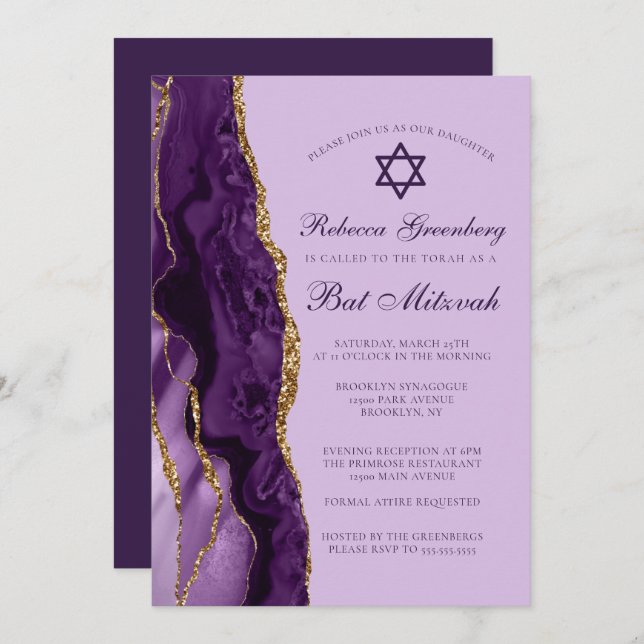 Invitación Bat Mitzvah Fiesta Purpurina de oro morado (Anverso / Reverso)