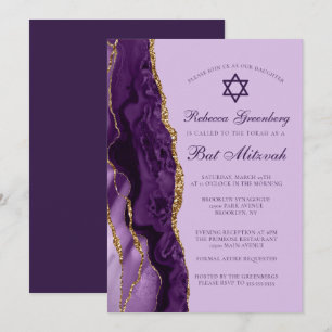 Invitación Bat Mitzvah Fiesta Purpurina de oro morado