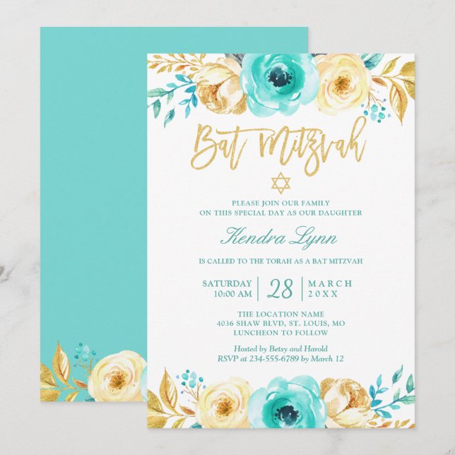 Invitación Bat Mitzvah | Flora dorada turquesa de menta (Anverso / Reverso)