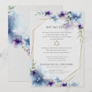 Invitación BAT MITZVAH Floral Acuarela Azul y Violeta