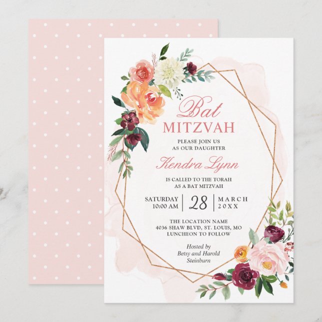 Invitación Bat Mitzvah | Floral acuarela de marco dorado mode (Anverso / Reverso)