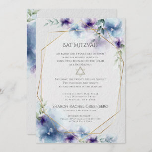 Invitación BAT MITZVAH   Floral color azul y violeta