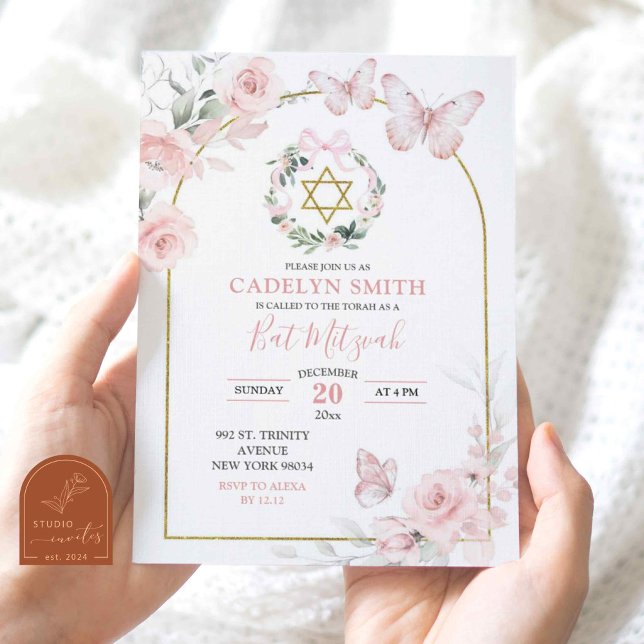 Invitación Bat Mitzvah Floral de mariposa rosa Rubor (Subido por el creador)