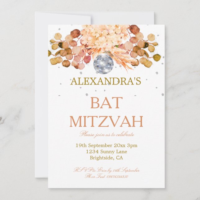 Invitación Bat Mitzvah Floral Disco (Anverso)