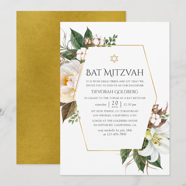 Invitación Bat Mitzvah Floral Geométrico Dorado (Anverso / Reverso)