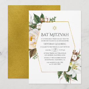 Invitación Bat Mitzvah Floral Geométrico Dorado