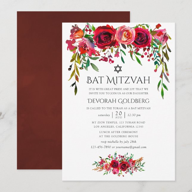 Invitación Bat Mitzvah Floral Marsala-Burdeos (Anverso / Reverso)