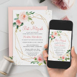 Invitación Bat Mitzvah | Floral rosa Rubor geométrica<br><div class="desc">Celebra este importante hito con esta invitación a Mitzvah de Rubor con sabor rosado. Esta invitación combina con cautivadora los motivos geométricos y las flores de color rosa suave, ofreciendo un diseño contemporáneo y elegante. La plantilla de personalizable le permite añadir su toque personal utilizando la herramienta de diseño de...</div>