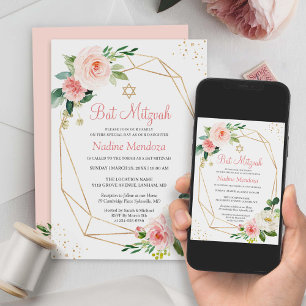 Invitación Bat Mitzvah   Floral rosa Rubor geométrica