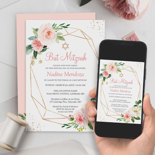 Invitación Bat Mitzvah | Floral rosa Rubor geométrica (The customizable template allows you to add your personal touch using Zazzle's design tool.)