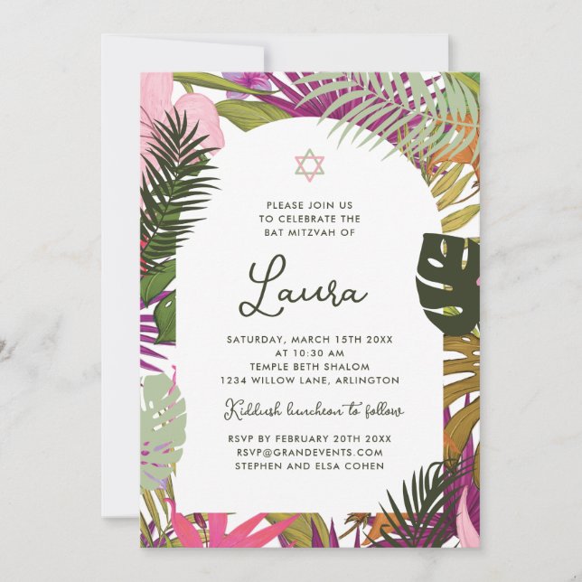 Invitación Bat Mitzvah Floral Tropical (Anverso)