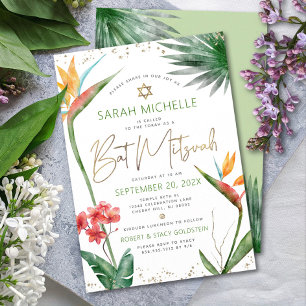 Invitación Bat Mitzvah Floral Tropical Aquarela Letra Dorada