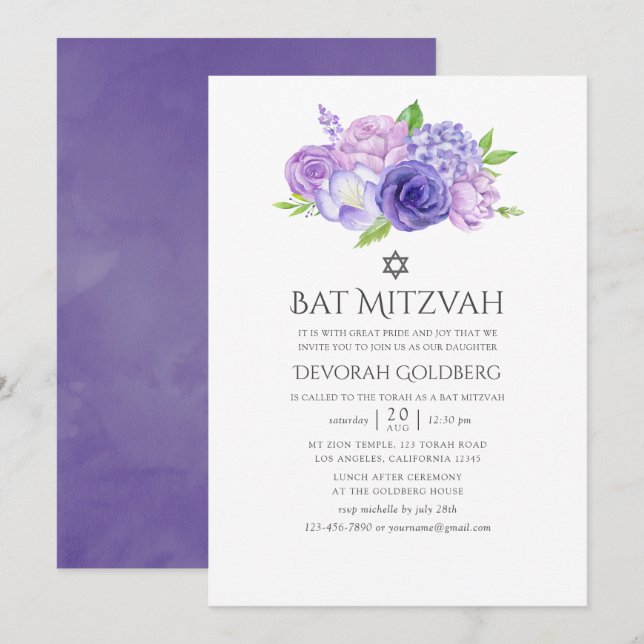 Invitación Bat Mitzvah Floral Ultra Violeta (Anverso / Reverso)