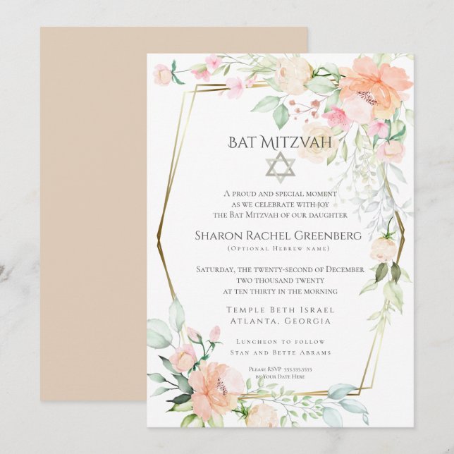 Invitación BAT MITZVAH | Flores de manantial acuático Verso 2 (Anverso / Reverso)