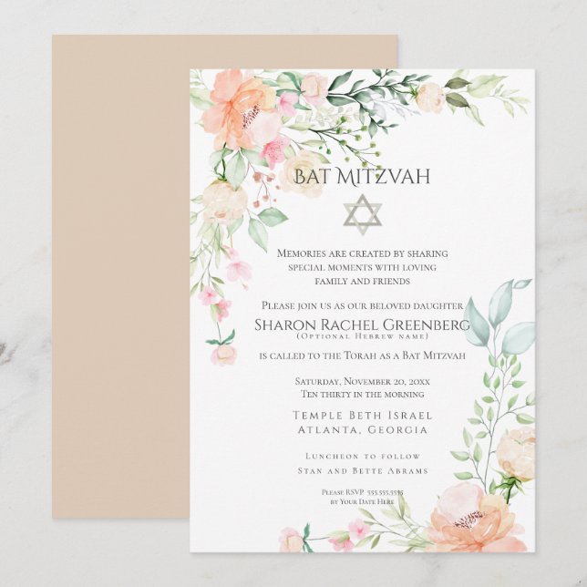 Invitación BAT MITZVAH | Flores de manantial acuático Verso 3 (Anverso / Reverso)