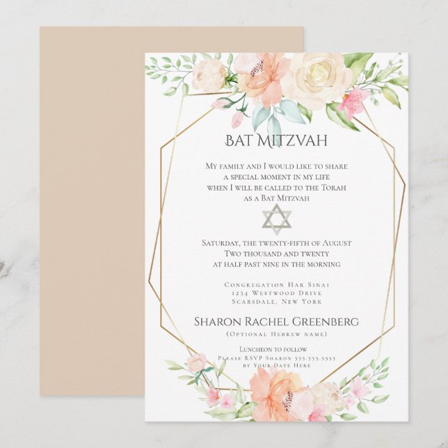 Invitación BAT MITZVAH | Flores de manantial de acuarela Vers (Anverso / Reverso)