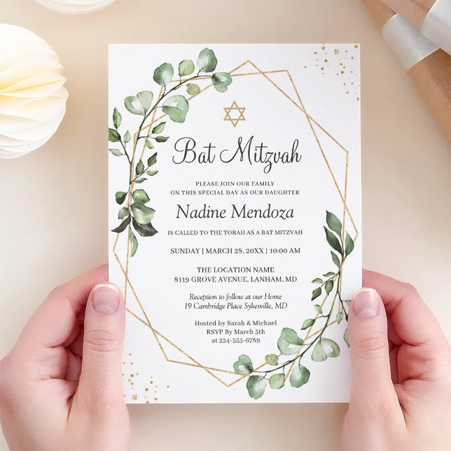 Invitación Bat Mitzvah | Geométrica de Oro Eucalyptus (Subido por el creador)