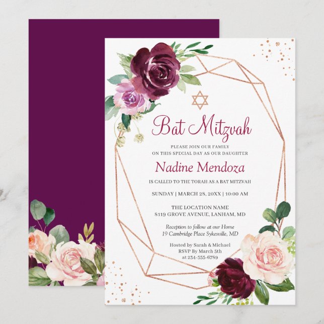 Invitación Bat Mitzvah | Geométrica del Rosa floral púrpura d (Anverso / Reverso)