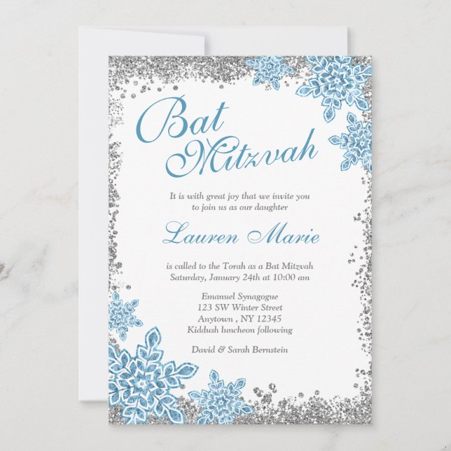 Invitación Bat Mitzvah Glam Winter Wonderland Silver Blue (Anverso)