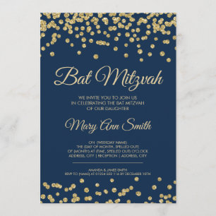 Invitación Bat Mitzvah Gold Faux Purpurina Confetti Naval Azu