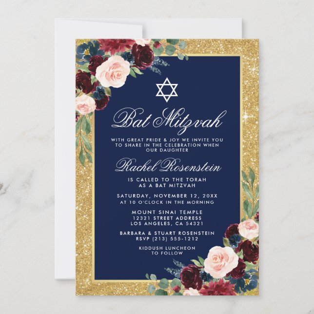 Invitación Bat Mitzvah Gold Purpurina Floral Burgundy Blue (Anverso)