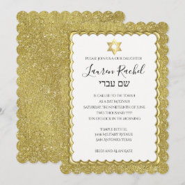 Invitación Bat Mitzvah Gold Scalloped Gold Purpurina