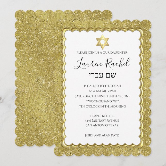 Invitación Bat Mitzvah Gold Scalloped Gold Purpurina (Anverso / Reverso)
