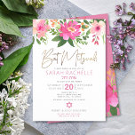 Invitación Bat Mitzvah Gold Script color de agua rosa floral<br><div class="desc">Estar orgulloso, regocijarse y mostrar este hito de su Bat Mitzvah favorito con esta sofisticada y personalizada invitación! Una acuarela floral de moda, impresionante, rosa y melocotón con una tipografía de Relieve metalizado dorado falsa rosa polvoriento moderno y serif de san gris sobrepone un fondo blanco. Flores acuáticas adicionales y...</div>