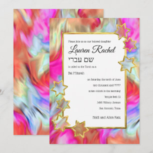 Invitación Bat Mitzvah Gold Star Abstract Tie Dye Red