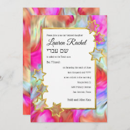 Invitación Bat Mitzvah Gold Star Abstract Tie Dye Red