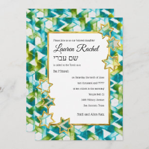 Invitación Bat Mitzvah Gold Star Green Blue Watercolor Damask