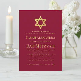 Invitación Bat Mitzvah Gold Star of David Simple Burgundy Red