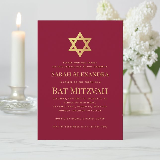 Invitación Bat Mitzvah Gold Star of David Simple Burgundy Red (Subido por el creador)