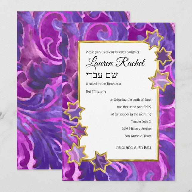 Invitación Bat Mitzvah Gold Star Purple Pink Damask (Anverso / Reverso)
