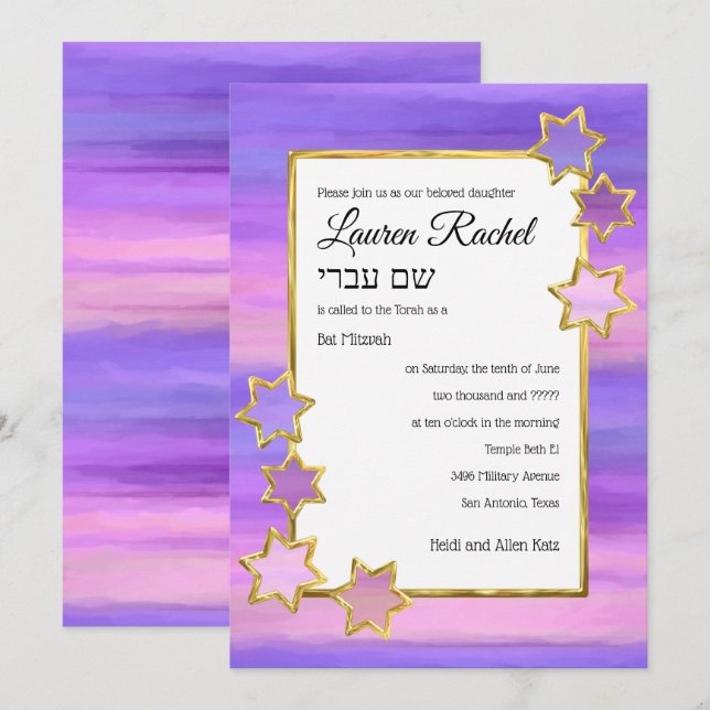 Invitación Bat Mitzvah Gold Star Purple Pink Stripes (Anverso / Reverso)