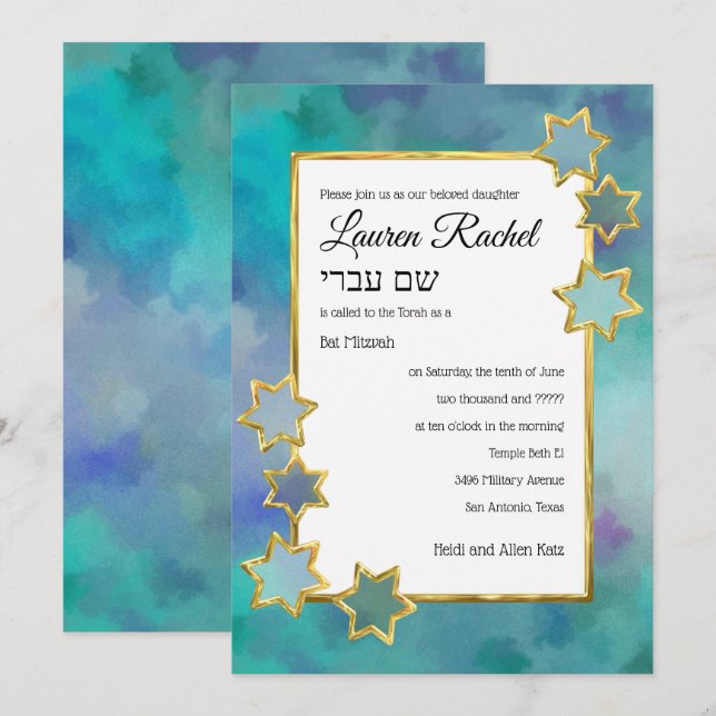 Invitación Bat Mitzvah Gold Star Resumen Diseño Azul (Anverso / Reverso)