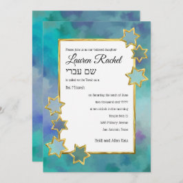 Invitación Bat Mitzvah Gold Star Resumen Diseño Azul