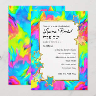 Invitación Bat Mitzvah Gold Star Resumen Tie Dye Turquoise