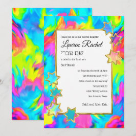 Invitación Bat Mitzvah Gold Star Resumen Tie Dye Turquoise