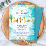 Invitación Bat Mitzvah Gold Turquoise Watercolor 2 Moda de ve<br><div class="desc">¡Estén orgullosos, regocijaos y exhiban este hito de su Bat Mitzvah favorito! Envíe esta impresionante, moderna y personalizada invitación para un evento que recordar. Sparkly falsos guiones de Relieve metalizado de oro, puntos purpurinas. Estrella de David y escritura tipográfica superponen un fondo de color azul turquesa. Personalice el texto del...</div>