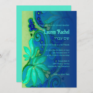Invitación Bat Mitzvah Green Aqua Blue Bohemie Floral