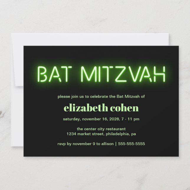 Invitación Bat Mitzvah Green Neon Lights (Anverso)