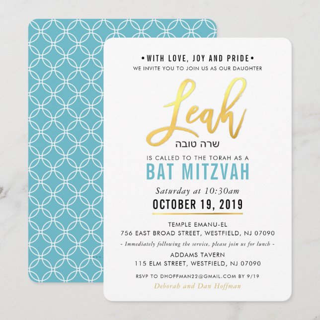 Invitación BAT MITZVAH, guión azul turquesa de oro LEAH (Anverso / Reverso)